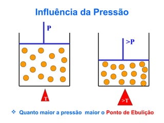 Influência da Pressão
            P
                                        >P




           T                          >T

 Quanto maior a pressão maior o Ponto de Ebulição
 