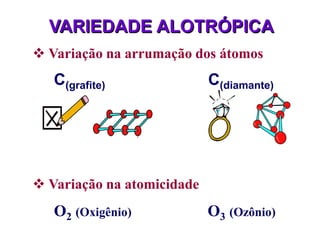 VARIEDADE ALOTRÓPICA
 Variação na arrumação dos átomos
   C(grafite)               C(diamante)




 Variação na atomicidade
   O2 (Oxigênio)            O3 (Ozônio)
 