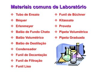 Materiais comuns de Laboratório
 Tubo de Ensaio          Funil de Büchner
 Béquer                  Kitassato
 Erlenmeyer              Proveta
 Balão de Fundo Chato    Pipeta Volumétrica
 Balão Volumétrico       Pipeta Graduada
 Balão de Destilação
 Condensador
 Funil de Decantação
 Funil de Filtração
 Funil Liso
 