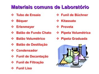 Materiais comuns de Laboratório
 Tubo de Ensaio
 Béquer
 Erlenmeyer
 Balão de Fundo Chato
 Balão Volumétrico
 Balão de Destilação
 Condensador
 Funil de Decantação
 Funil de Filtração
 Funil Liso
 Funil de Büchner
 Kitassato
 Proveta
 Pipeta Volumétrica
 Pipeta Graduada
 