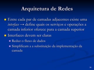 30 
Arquitetura de Redes 
„„ Entre cada par de camadas adjacentes existe uma 
interface → define quais os serviços e operações a 
camada inferior oferece para a camada superior 
„„ Interfaces devem ser claras 
„„ Reduz o fluxo de dados 
„„ Simplificam a a substituição da implementação da 
camada 
 