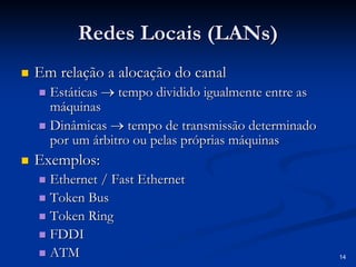 14
Redes Locais (
Redes Locais (LANs
LANs)
)
„
„ Em relação a alocação do canal
Em relação a alocação do canal
„
„ Estáticas
Estáticas →
→ tempo dividido igualmente entre as
tempo dividido igualmente entre as
m
má
áquinas
quinas
„
„ Dinâmicas
Dinâmicas →
→ tempo de transmiss
tempo de transmissã
ão determinado
o determinado
por um
por um á
árbitro ou pelas pr
rbitro ou pelas pró
óprias m
prias má
áquinas
quinas
„
„ Exemplos:
Exemplos:
„
„ Ethernet / Fast Ethernet
Ethernet / Fast Ethernet
„
„ Token Bus
Token Bus
„
„ Token Ring
Token Ring
„
„ FDDI
FDDI
„
„ ATM
ATM
 