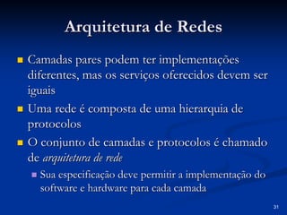 31
Arquitetura de Redes
Arquitetura de Redes
„
„ Camadas pares podem ter implementações
Camadas pares podem ter implementações
diferentes, mas os serviços oferecidos devem ser
diferentes, mas os serviços oferecidos devem ser
iguais
iguais
„
„ Uma rede é composta de uma hierarquia de
Uma rede é composta de uma hierarquia de
protocolos
protocolos
„
„ O conjunto de camadas e protocolos é chamado
O conjunto de camadas e protocolos é chamado
de
de arquitetura de rede
arquitetura de rede
„
„ Sua especificação deve permitir a implementação do
Sua especificação deve permitir a implementação do
software e hardware para cada camada
software e hardware para cada camada
 