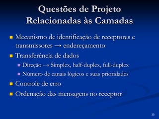 35
Questões de Projeto
Questões de Projeto
Relacionadas às Camadas
Relacionadas às Camadas
„
„ Mecanismo de identificação de receptores e
Mecanismo de identificação de receptores e
transmissores
transmissores → endereçamento
→ endereçamento
„
„ Transferência de dados
Transferência de dados
„
„ Direção
Direção →
→ Simplex,
Simplex, half
half-
-duplex,
duplex, full
full-
-duplex
duplex
„
„ Número de canais lógicos e suas prioridades
Número de canais lógicos e suas prioridades
„
„ Controle de erro
Controle de erro
„
„ Ordenação das mensagens no receptor
Ordenação das mensagens no receptor
 