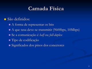 7
Camada Física
Camada Física
„
„ São definidos:
São definidos:
„
„ A forma de representar os bits
A forma de representar os bits
„
„ A que taxa deve
A que taxa deve-
-se transmitir (9600bps, 10Mbps)
se transmitir (9600bps, 10Mbps)
„
„ Se a comunicação é
Se a comunicação é half
half ou
ou full
full-
-duplex
duplex
„
„ Tipo de codificação
Tipo de codificação
„
„ Significados dos pinos dos conectores
Significados dos pinos dos conectores
 