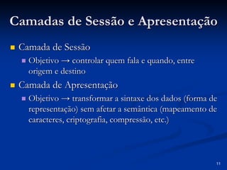 11
Camadas de Sessão e Apresentação
Camadas de Sessão e Apresentação
„
„ Camada de Sessão
Camada de Sessão
„
„ Objetivo
Objetivo → controlar quem fala e quando, entre
→ controlar quem fala e quando, entre
origem e destino
origem e destino
„
„ Camada de Apresentação
Camada de Apresentação
„
„ Objetivo
Objetivo → transformar a sintaxe dos dados (forma de
→ transformar a sintaxe dos dados (forma de
representação) sem afetar a semântica (mapeamento de
representação) sem afetar a semântica (mapeamento de
caracteres, criptografia, compressão, etc.)
caracteres, criptografia, compressão, etc.)
 