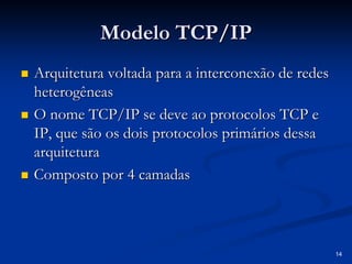 14
Modelo TCP/IP
Modelo TCP/IP
„
„ Arquitetura voltada para a interconexão de redes
Arquitetura voltada para a interconexão de redes
heterogêneas
heterogêneas
„
„ O nome TCP/IP se deve ao protocolos TCP e
O nome TCP/IP se deve ao protocolos TCP e
IP, que são os dois protocolos primários dessa
IP, que são os dois protocolos primários dessa
arquitetura
arquitetura
„
„ Composto por 4 camadas
Composto por 4 camadas
 