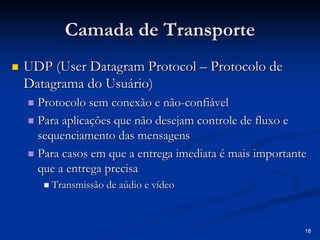 18
Camada de Transporte
Camada de Transporte
„
„ UDP (
UDP (User Datagram Protocol
User Datagram Protocol –
– Protocolo de
Protocolo de
Datagrama
Datagrama do Usuário)
do Usuário)
„
„ Protocolo sem conexão e não
Protocolo sem conexão e não-
-confiável
confiável
„
„ Para aplicações que não desejam controle de fluxo e
Para aplicações que não desejam controle de fluxo e
sequenciamento
sequenciamento das mensagens
das mensagens
„
„ Para casos em que a entrega imediata é mais importante
Para casos em que a entrega imediata é mais importante
que a entrega precisa
que a entrega precisa
„
„ Transmissão de
Transmissão de aúdio
aúdio e vídeo
e vídeo
 