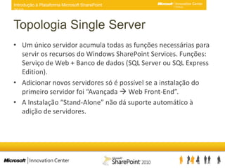 Topologia Single ServerUm único servidor acumula todas as funções necessárias para servir os recursos do Windows SharePoint Services. Funções: Serviço de Web + Banco de dados (SQL Server ou SQL Express Edition).Adicionar novos servidores só é possível se a instalação do primeiro servidor foi “Avançada  Web Front-End”.A Instalação “Stand-Alone” não dá suporte automático à adição de servidores.