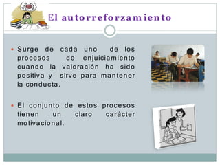 E l au to r r e fo r z a m ie n to


 S urge      de cada uno            d e lo s
  procesos          d e e n ju icia m ie n to
  c u a n d o la v a lo r a c ió n h a s id o
  p o s itiv a y s irv e p a ra m a n te n e r
  la con d u c ta .


 E l c o n ju n to d e e s to s p ro c e s o s
  tie n e n      un       c la r o   c a r á c te r
  m o tiv a c io n a l.
 