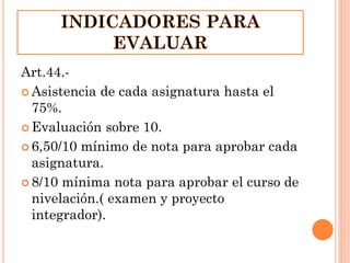Art.44.-
 Asistencia de cada asignatura hasta el
75%.
 Evaluación sobre 10.
 6,50/10 mínimo de nota para aprobar cada
asignatura.
 8/10 mínima nota para aprobar el curso de
nivelación.( examen y proyecto
integrador).
 