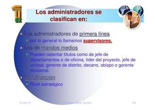 12-Jan-10 Francisco Javier Romero 104
Los administradores se
Los administradores se
clasifican en:
clasifican en:
Los administradores de primera l
primera lí
ínea
nea
por lo general lo llamamos supervisores.
supervisores.
Los de mandos medios
mandos medios
Pueden ostentar títulos como de jefe de
departamentos o de oficina, líder del proyecto, jefe de
unidad, gerente de distrito, decano, obispo o gerente
divisional.
Alta direcci
Alta direcció
ón
n
Nivel estratégico
 