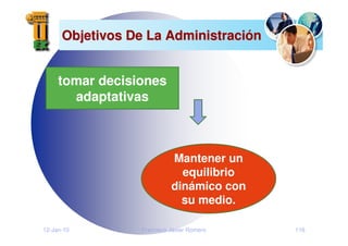 Objetivos De La Administraci
Objetivos De La Administració
ón
n
12-Jan-10 Francisco Javier Romero 116
tomar decisiones
adaptativas
Mantener un
equilibrio
dinámico con
su medio.
 