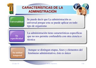 12-Jan-10 Francisco Javier Romero 119
CARACTER
CARACTERÍ
ÍSTICAS DE LA
STICAS DE LA
ADMINISTRACI
ADMINISTRACIÓ
ÓN
N
Universalidad
Se puede decir que La administración es
universal porque esta se puede aplicar en todo
tipo de organismo
Su
especificidad
La administración tiene características específicas
que no nos permite confundirla con otra ciencia o
técnica
Su unidad
temporal
Aunque se distingan etapas, fases y elementos del
fenómeno administrativo, éste es único
 