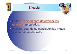 12-Jan-10 Francisco Javier Romero 124
Eficacia
Eficacia
Es la capacidad para determinar los
capacidad para determinar los
objetivos
objetivos apropiados,
es decir, cuando se consiguen las metas
que se habían definido
 