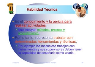 12-Jan-10 Francisco Javier Romero 130
Habilidad T
Habilidad Té
écnica
cnica
Es el conocimiento y la pericia para
conocimiento y la pericia para
realizar actividades
realizar actividades
que incluyen m
mé
étodos, proceso y
todos, proceso y
procedimiento.
procedimiento.
Por lo tanto, representa trabajar con
determinadas herramientas y técnicas,
Por ejemplo los mecánicos trabajan con
herramientas y sus supervisores deben tener
la capacidad de enseñarle como usarla.
 