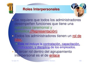 12-Jan-10 Francisco Javier Romero 135
Roles Interpersonales
Roles Interpersonales
Se requiere que todos los administradores
desempeñen funciones que tiene una
naturaleza ceremonial y
simbólica.(Representaci
.(Representació
ón)
n)
Todos los administradores tienen un rol de
rol de
l
lí
íder.
der.
Este rol incluye la contrataci
contratació
ón, capacitaci
n, capacitació
ón,
n,
motivaci
motivació
ón, y disciplina
n, y disciplina de los empleados.
El tercer rol dentro del agrupamiento
interpersonal es el de enlace
enlace
 