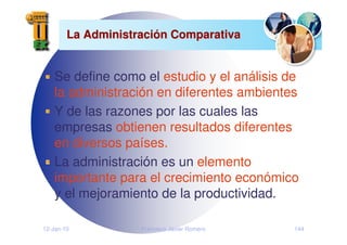 12-Jan-10 Francisco Javier Romero 144
La Administraci
La Administració
ón Comparativa
n Comparativa
Se define como el estudio y el análisis de
la administración en diferentes ambientes
Y de las razones por las cuales las
empresas obtienen resultados diferentes
en diversos países.
La administración es un elemento
importante para el crecimiento económico
y el mejoramiento de la productividad.
 