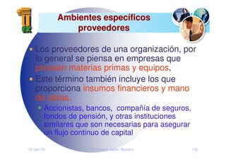 12-Jan-10 Francisco Javier Romero 150
Ambientes espec
Ambientes especí
íficos
ficos
proveedores
proveedores
Los proveedores de una organización, por
lo general se piensa en empresas que
proveen materias primas y equipos,
Este término también incluye los que
proporciona insumos financieros y mano
de obras.
Accionistas, bancos, compañía de seguros,
fondos de pensión, y otras instituciones
similares que son necesarias para asegurar
un flujo continuo de capital
 