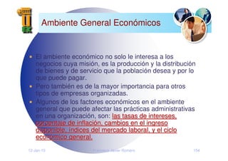 12-Jan-10 Francisco Javier Romero 154
Ambiente General Económicos
El ambiente económico no solo le interesa a los
negocios cuya misión, es la producción y la distribución
de bienes y de servicio que la población desea y por lo
que puede pagar.
Pero también es de la mayor importancia para otros
tipos de empresas organizadas.
Algunos de los factores económicos en el ambiente
general que puede afectar las prácticas administrativas
en una organización, son: las tasas de intereses,
las tasas de intereses,
porcentaje de inflaci
porcentaje de inflació
ón, cambios en el ingreso
n, cambios en el ingreso
disponible,
disponible, í
índices del mercado laboral, y el ciclo
ndices del mercado laboral, y el ciclo
econ
econó
ómico general.
mico general.
 