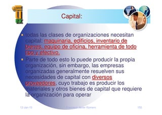 12-Jan-10 Francisco Javier Romero 155
Capital:
todas las clases de organizaciones necesitan
capital: maquinaria, edificios, inventario de
maquinaria, edificios, inventario de
bienes, equipo de oficina, herramienta de todo
bienes, equipo de oficina, herramienta de todo
tipo y efectivo.
tipo y efectivo.
Parte de todo esto lo puede producir la propia
organización, sin embargo, las empresas
organizadas generalmente resuelven sus
necesidades de capital con diversos
diversos
proveedores
proveedores, cuyo trabajo es producir los
materiales y otros bienes de capital que requiere
la organización para operar
 