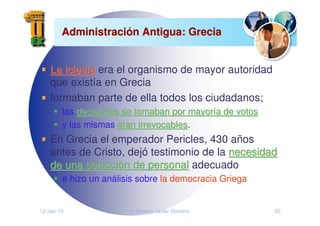 12-Jan-10 Francisco Javier Romero 30
Administraci
Administració
ón Antigua: Grecia
n Antigua: Grecia
La icles
La iclesí
ía
a era el organismo de mayor autoridad
que existía en Grecia
formaban parte de ella todos los ciudadanos;
las decisiones se tomaban por mayor
decisiones se tomaban por mayorí
ía de votos
a de votos
y las mismas eran irrevocables
eran irrevocables.
En Grecia el emperador Pericles, 430 años
antes de Cristo, dejó testimonio de la necesidad
necesidad
de una selecci
de una selecció
ón de personal
n de personal adecuado
e hizo un análisis sobre la democracia Griega
 
