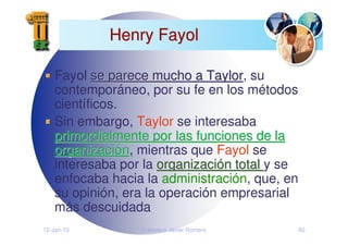 12-Jan-10 Francisco Javier Romero 60
Henry Fayol
Henry Fayol
Fayol se parece mucho a Taylor
se parece mucho a Taylor, su
contemporáneo, por su fe en los métodos
científicos.
Sin embargo, Taylor se interesaba
primordialmente por las funciones de la
primordialmente por las funciones de la
organizaci
organizació
ón
n, mientras que Fayol se
interesaba por la organizaci
organizació
ón total
n total y se
enfocaba hacia la administración, que, en
su opinión, era la operación empresarial
más descuidada
 