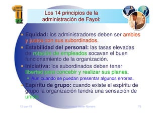 12-Jan-10 Francisco Javier Romero 75
Los 14 principios de la
Los 14 principios de la
administraci
administració
ón de Fayol:
n de Fayol:
Equidad: los administradores deben ser ambles
ambles
y justos con sus subordinados.
y justos con sus subordinados.
Estabilidad del personal: las tasas elevadas
de rotaci
rotació
ón de empleados
n de empleados socavan el buen
funcionamiento de la organización.
Iniciativa: los subordinados deben tener
libertad para concebir y realizar sus planes
libertad para concebir y realizar sus planes.
Aun cuando se puedan presentar algunos errores.
Espíritu de grupo: cuando existe el espíritu de
grupo la organización tendrá una sensación de
unión.
 