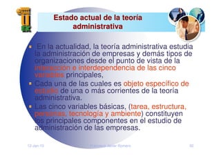 12-Jan-10 Francisco Javier Romero 92
Estado actual de la teor
Estado actual de la teorí
ía
a
administrativa
administrativa
En la actualidad, la teoría administrativa estudia
la administración de empresas y demás tipos de
organizaciones desde el punto de vista de la
interacción e interdependencia de las cinco
variables principales,
Cada una de las cuales es objeto específico de
estudio de una o más corrientes de la teoría
administrativa.
Las cinco variables básicas, (tarea, estructura,
personas, tecnología y ambiente) constituyen
los principales componentes en el estudio de
administración de las empresas.
 