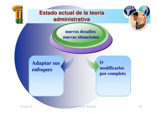 12-Jan-10 Francisco Javier Romero 95
Estado actual de la teor
Estado actual de la teorí
ía
a
administrativa
administrativa
O
modificarlos
por completo
Adaptar sus
enfoques
nuevos desafíos
nuevas situaciones
 