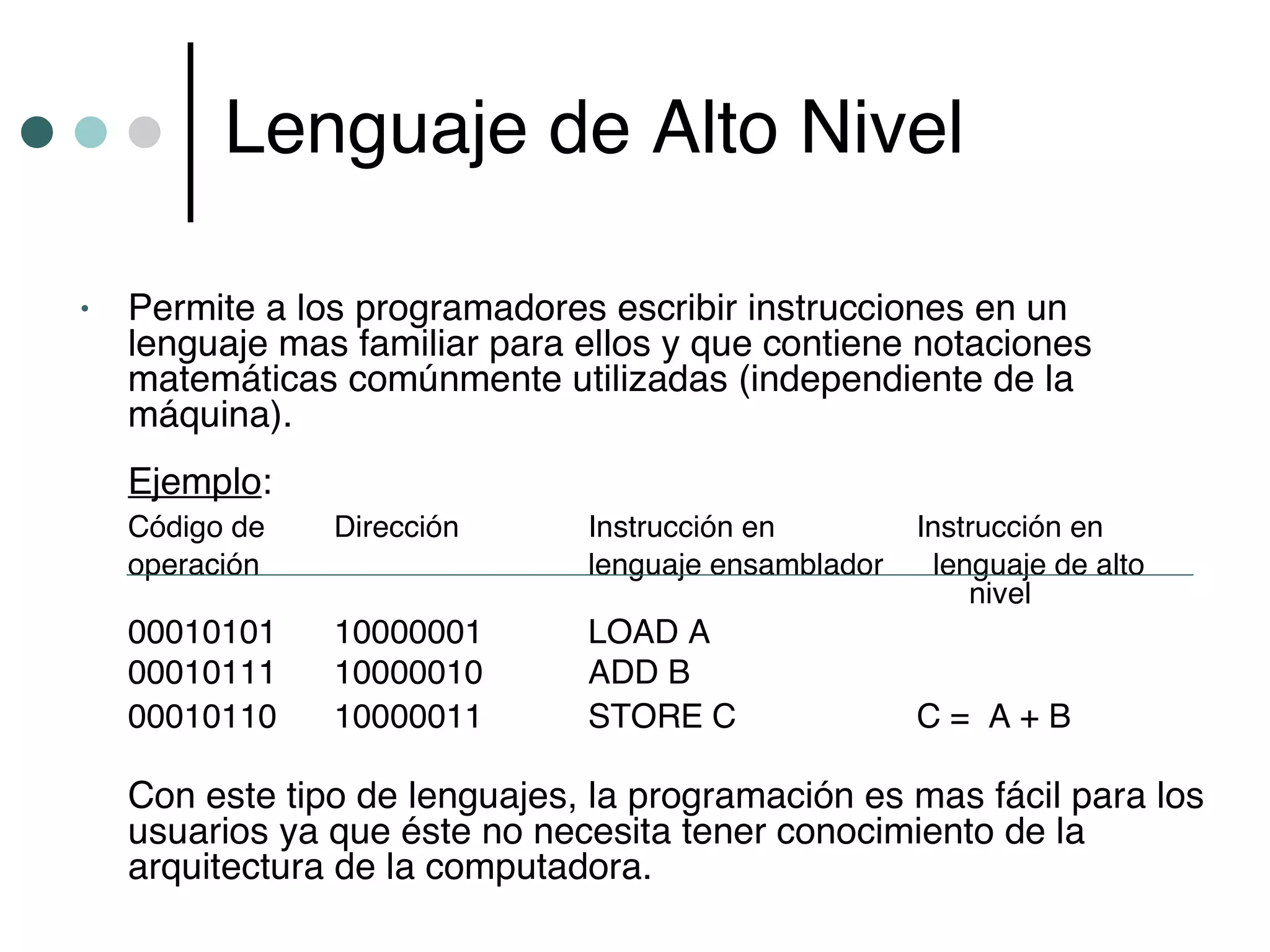Lenguaje de Alto Nivel

•   Permite a los programadores escribir instrucciones en un
    lenguaje mas familiar para ellos y que contiene notaciones
    matemáticas comúnmente utilizadas (independiente de la
    máquina).
    Ejemplo:
    Código de   Dirección      Instrucción en         Instrucción en
    operación                  lenguaje ensamblador    lenguaje de alto
                                                          nivel
    00010101    10000001       LOAD A
    00010111    10000010       ADD B
    00010110    10000011       STORE C                C= A+B

    Con este tipo de lenguajes, la programación es mas fácil para los
    usuarios ya que éste no necesita tener conocimiento de la
    arquitectura de la computadora.
 