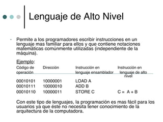 Lenguaje de Alto Nivel

•   Permite a los programadores escribir instrucciones en un
    lenguaje mas familiar para ellos y que contiene notaciones
    matemáticas comúnmente utilizadas (independiente de la
    máquina).
    Ejemplo:
    Código de   Dirección      Instrucción en         Instrucción en
    operación                  lenguaje ensamblador    lenguaje de alto
                                                          nivel
    00010101    10000001       LOAD A
    00010111    10000010       ADD B
    00010110    10000011       STORE C                C= A+B

    Con este tipo de lenguajes, la programación es mas fácil para los
    usuarios ya que éste no necesita tener conocimiento de la
    arquitectura de la computadora.
 