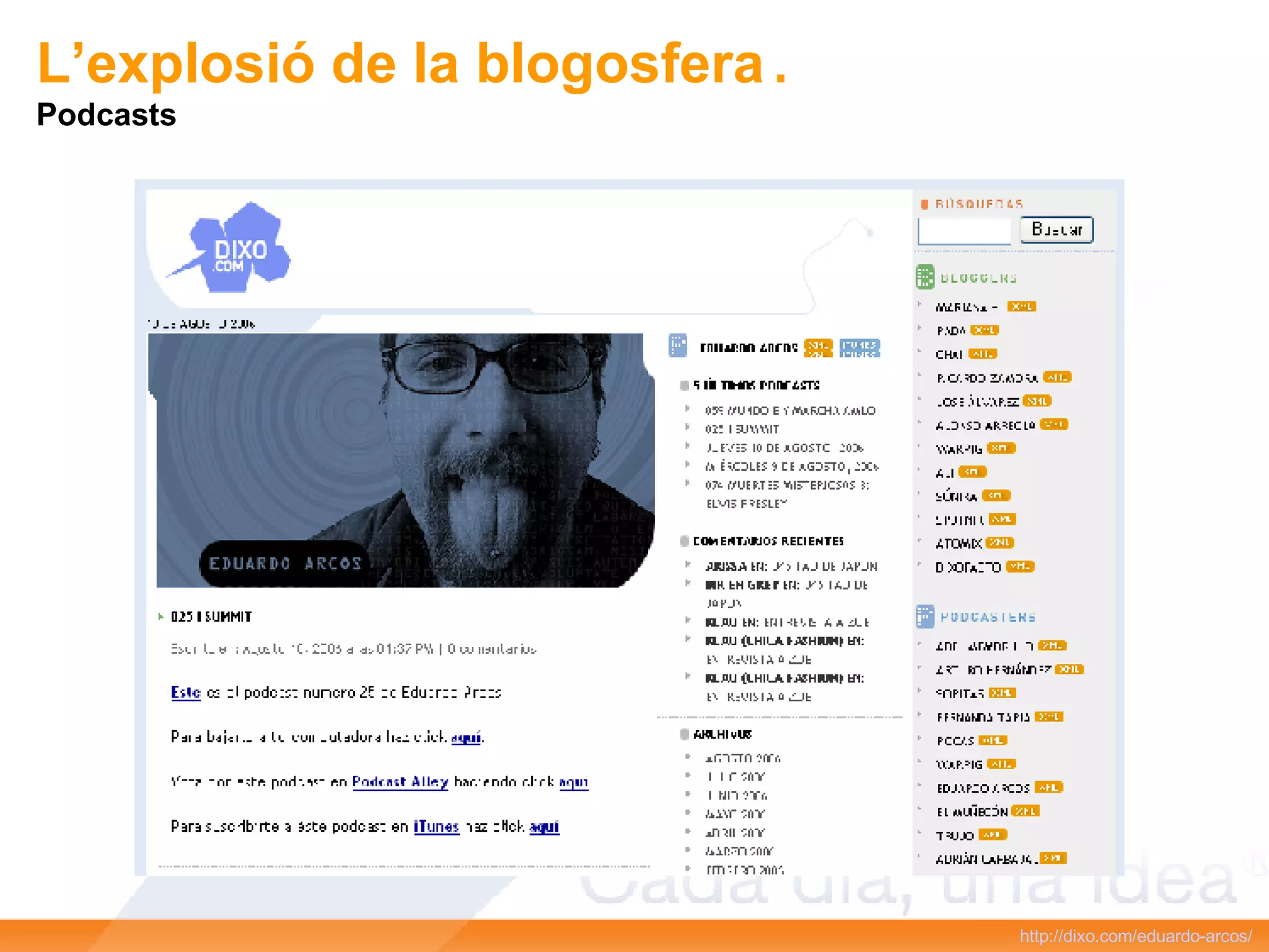 http :// dixo.com / eduardo -arcos/ Aparece una nueva lógica… Podcasts L’explosió de la blogosfera Podcasts 
