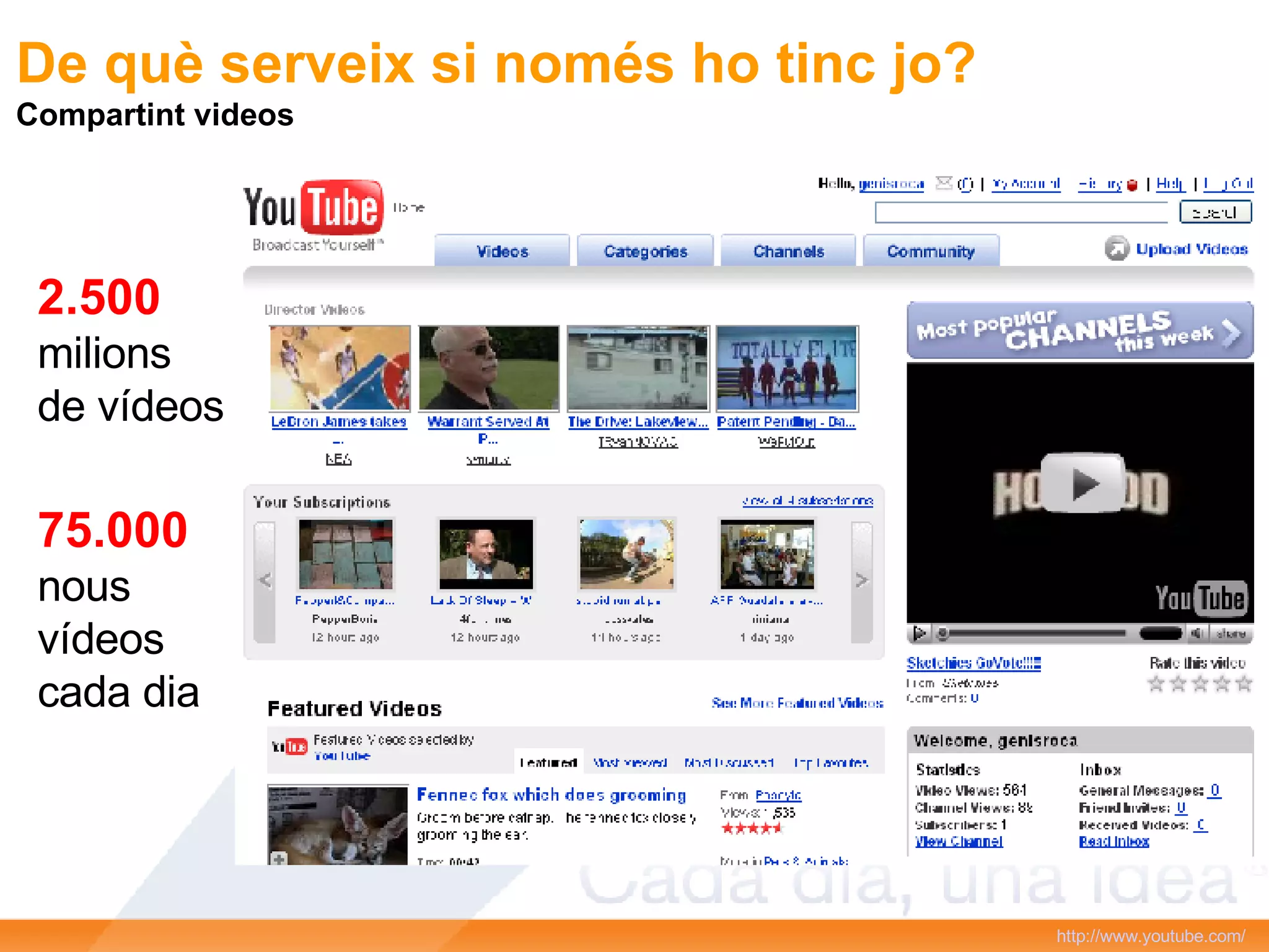 http :// www.youtube.com / De què serveix si només ho tinc jo? Compartint videos 2.500 milions de vídeos 75.000 nous vídeos cada dia 