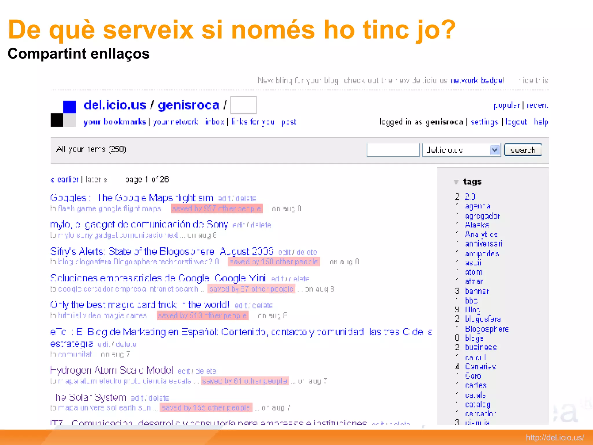 De què serveix si només ho tinc jo? Compartint enllaços http :// del.icio.us / 