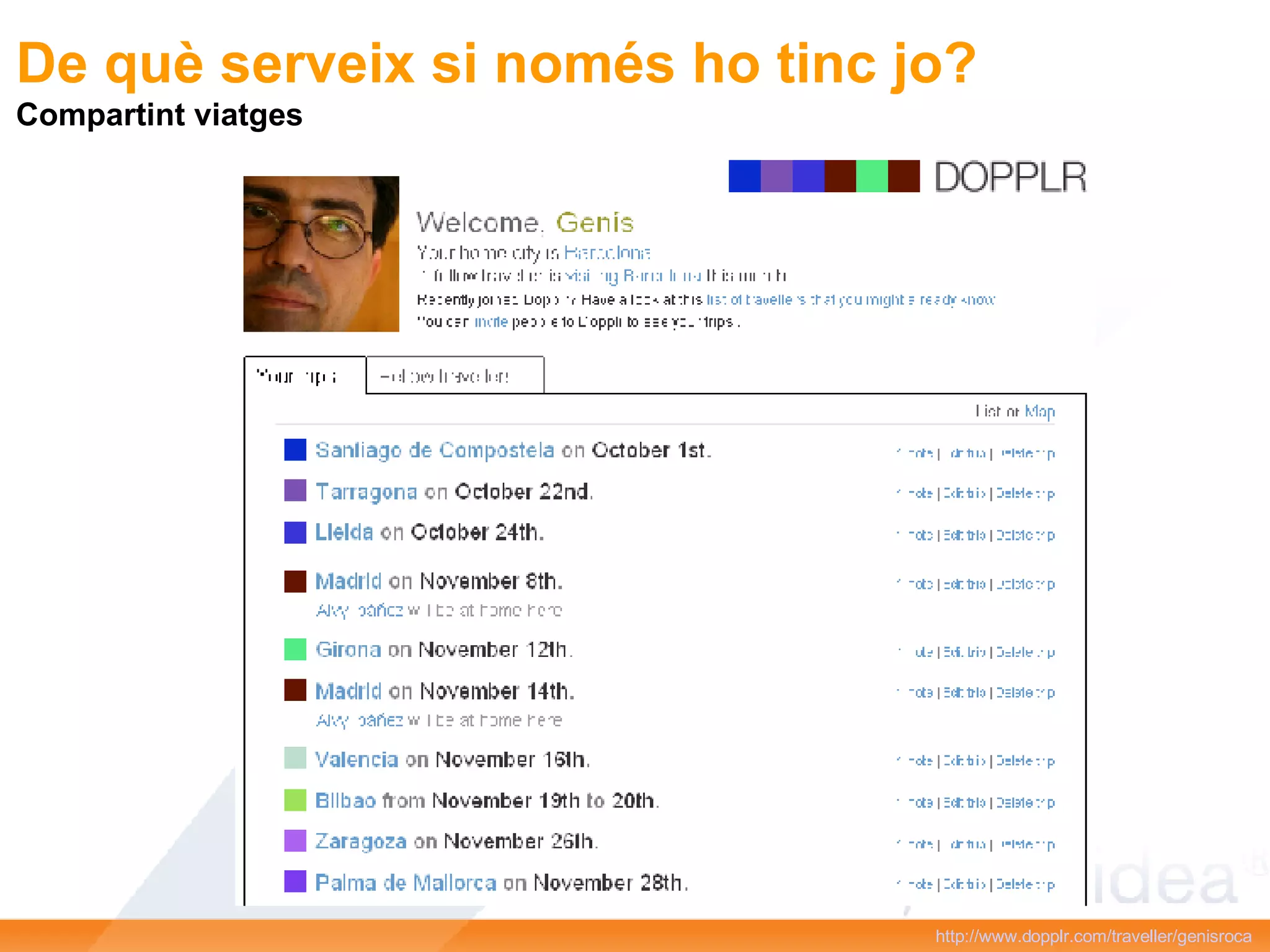 http://www.dopplr.com/traveller/genisroca   De què serveix si només ho tinc jo? Compartint viatges 