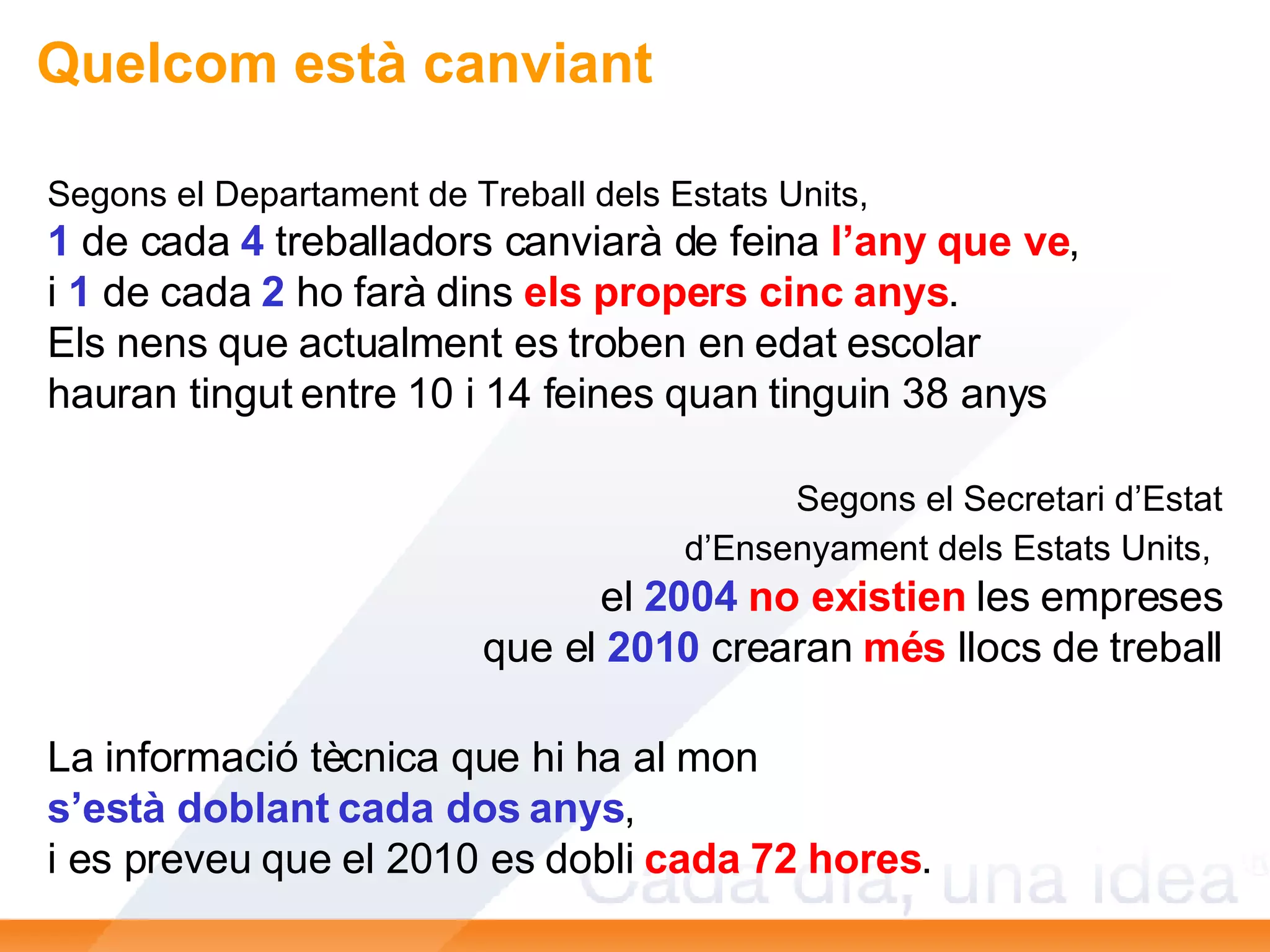 Segons el Departament de Treball dels Estats Units, 1  de cada  4   treballadors canviarà de feina  l’any que ve , i  1  de cada  2  ho farà dins  els propers cinc anys . Els nens que actualment es troben en edat escolar hauran tingut entre 10 i 14 feines quan tinguin 38 anys Segons el Secretari d’Estat d’Ensenyament dels Estats Units,   el  2004   no existien  les empreses que el  2010  crearan  més  llocs de treball La informació tècnica que hi ha al mon s’està doblant cada dos anys , i es preveu que el 2010 es dobli  cada 72 hores . Quelcom està canviant 