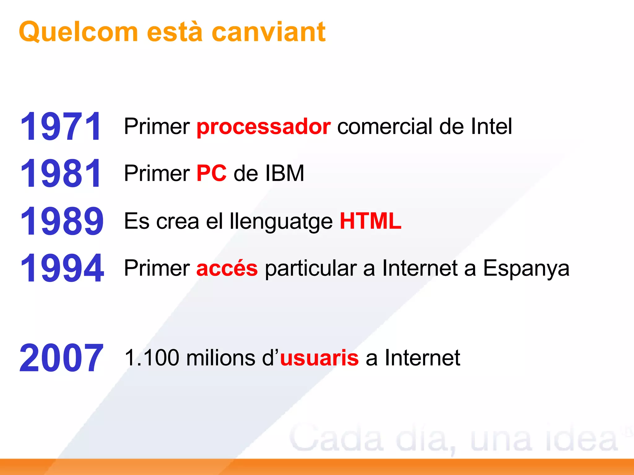 Quelcom està canviant 1971 Primer  processador  comercial de Intel 1981 Primer  PC  de IBM 1989 Es crea el llenguatge  HTML 1994 Primer  accés  particular a Internet a Espanya 2007 1.100 milions d’ usuaris  a Internet 