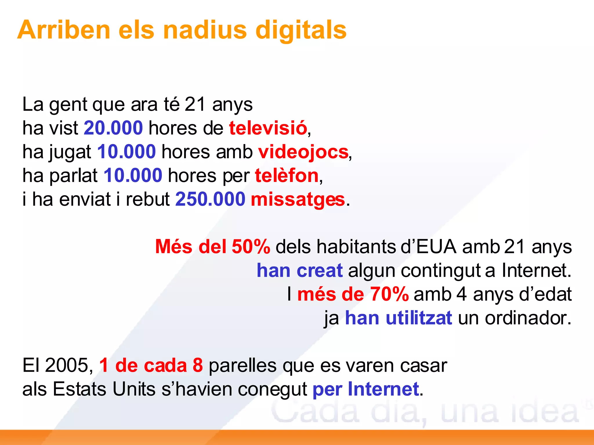 La gent que ara té 21 anys ha vist  20.000  hores de  televisió , ha jugat  10.000  hores amb  videojocs , ha parlat  10.000  hores per  telèfon , i ha enviat i rebut  250.000   missatges . Més del 50%  dels habitants d’EUA amb 21 anys han creat  algun contingut a Internet. I  més de 70%  amb 4 anys d’edat ja  han utilitzat  un ordinador. El 2005,  1 de cada   8  parelles que es varen casar als Estats Units s’havien conegut  per Internet . Arriben els nadius digitals 