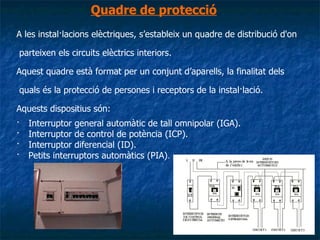 Quadre de protecció A les instal·lacions elèctriques, s’estableix un quadre de distribució d'on parteixen els circuits elèctrics interiors. Aquest quadre està format per un conjunt d’aparells, la finalitat dels quals és la protecció de persones i receptors de la instal·lació.  Aquests dispositius són:  · Interruptor general automàtic de tall omnipolar (IGA).  · Interruptor de control de potència (ICP).  · Interruptor diferencial (ID).  · Petits interruptors automàtics (PIA) . 