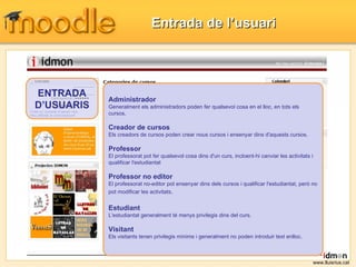 Entrada de l’usuari ENTRADA D’USUARIS www.lluisrius.cat Administrador Generalment els administradors poden fer qualsevol cosa en el lloc, en tots els cursos. Creador de cursos Els creadors de cursos poden crear nous cursos i ensenyar dins d'aquests cursos. Professor El professorat pot fer qualsevol cosa dins d'un curs, incloent-hi canviar les activitats i qualificar l'estudiantat Professor no editor El professorat no-editor pot ensenyar dins dels cursos i qualificar l'estudiantat, però no pot modificar les activitats . Estudiant L'estudiantat generalment té menys privilegis dins del curs. Visitant Els visitants tenen privilegis mínims i generalment no poden introduir text enlloc. 