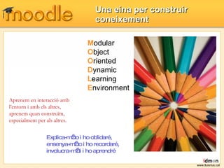 Una eina per construir coneixement Modular  Object Oriented  Dynamic  Learning  Environment Aprenem en interacció amb l’entorn i amb els altres, aprenem quan construïm, especialment per als altres.  Explica-m’ho i ho oblidaré,  ensenya-m’ho i ho recordaré, involucra-m’hi i ho aprendré www.lluisrius.cat M  O O D L E 