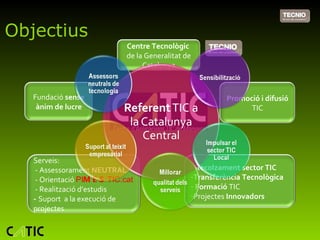 Objectius Fundació  sense ànim de lucre Promoció i difusió  TIC Recolzament sector TIC Transferència Tecnològica Formació  TIC Projectes  Innovadors Serveis: - Assessorament  NEUTRAL - Orientació  PI MES TIC.cat - Realització d’estudis -  Suport  a la execució de projectes Centre Tecnològic  de la Generalitat de Catalunya 