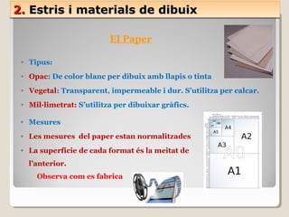 2.2. Estris i materials de dibuixEstris i materials de dibuix2.2. Estris i materials de dibuixEstris i materials de dibuix
El Paper
• Tipus:
• Opac: De color blanc per dibuix amb llapis o tinta
• Vegetal: Transparent, impermeable i dur. S’utilitza per calcar.
• Mil·limetrat: S’utilitza per dibuixar gràfics.
• Mesures
• Les mesures del paper estan normalitzades
• La superfície de cada format és la meitat de
l’anterior.
Observa com es fabrica
 