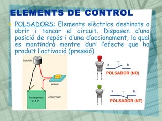 ELEMENTS DE CONTROL
• POLSADORS: Elements elèctrics destinats a
  obrir i tancar el circuit. Disposen d’una
  posició de repòs i d’una d’accionament, la qual
  es mantindrà mentre duri l’efecte que ha
  produït l’activació (pressió).


                                 POLSADOR (NO)




                                   POLSADOR (NT)
 