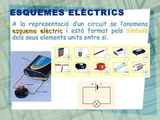 ESQUEMES ELÈCTRICS
• A la representació d’un circuit se l’anomena
  esquema elèctric i està format pels símbols
  dels seus elements units entre si.
 