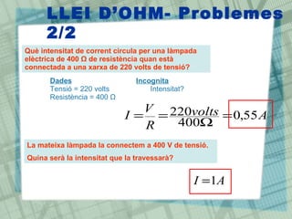 LLEI D‘OHM- Problemes
      2/2
Què intensitat de corrent circula per una làmpada
elèctrica de 400 Ω de resistència quan està
connectada a una xarxa de 220 volts de tensió?
       Dades                    Incognita
       Tensió = 220 volts           Intensitat?
       Resistència = 400 Ω
                               V 220volts
                             I= =         = 0,55 A
                               R  400Ω
La mateixa làmpada la connectem a 400 V de tensió.
Quina serà la intensitat que la travessarà?


                                                  I = 1A
 