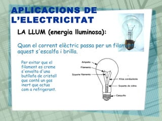 APLICACIONS DE
L‘ELECTRICITAT
 LA LLUM (energia lluminosa):
 •
 Quan el corrent elèctric passa per un filament,
 aquest s'escalfa i brilla.
  Per evitar que el
  filament es creme
  s'envolta d'una
  butllofa de cristall
  que conté un gas
  inert que actua
  com a refrigerant.
 