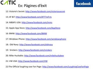 Ex: Pàgines d’èxit
12: Victoria’s Secret: http://www.facebook.com/victoriassecret

13: AT &T: http://www.facebook.com/ATT?ref=ts

14: M&M’s USA: http://www.facebook.com/mms

15: Apple App Store: http://www.facebook.com/AppStore

16: BMW: http://www.facebook.com/BMW

17: Windows Phone: http://www.facebook.com/windowsphone

18: Old Navy: http://www.facebook.com/oldnavy

19: Snickers: http://www.facebook.com/snickers

20: Mike Huckable: http://www.facebook.com/mikehuckabee

21: VW USA: http://www.facebook.com/VW

22:The Official laughing cow Fan Page: http://www.facebook.com/LaughingCowFanPage
 