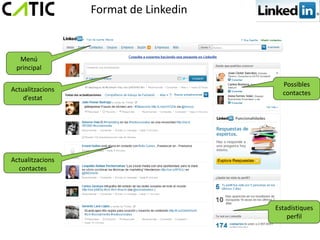 Format de Linkedin


  Menú
 principal

                                         Possibles
Actualitzacions                          contactes
    d’estat




Actualitzacions
  contactes




                                       Estadístiques
                                           perfil
 
